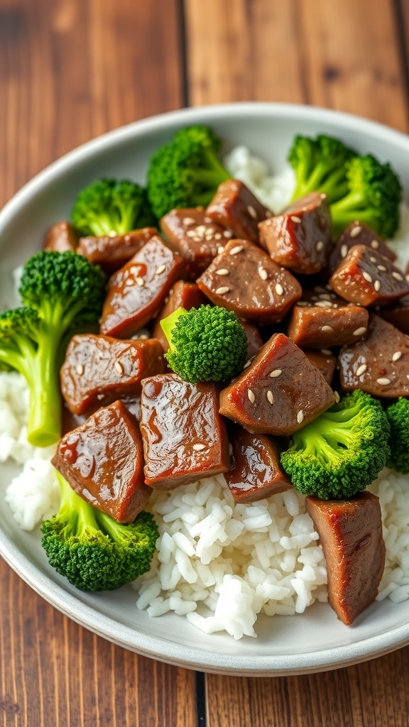 Air fryer beef and broccoli served over rice, garnished with sesame seeds on a wooden table.